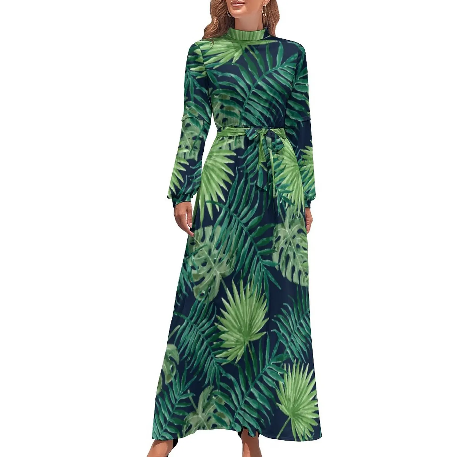 

Tropical Leaf Jungle Dress Palm Leaves Print Basic Boho Beach Dresses Woman Long Sleeve High Neck Cute Long Maxi Dress