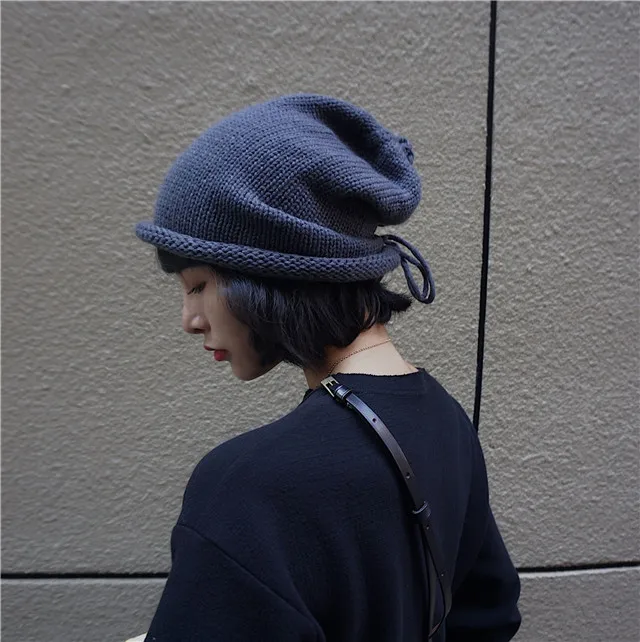 

Women Beanies 2022 New Knitted Hat Solid Color Ski Skullies Drawstring Caps Soft Elastic Knitting Sport Cap Bonnet Gorro