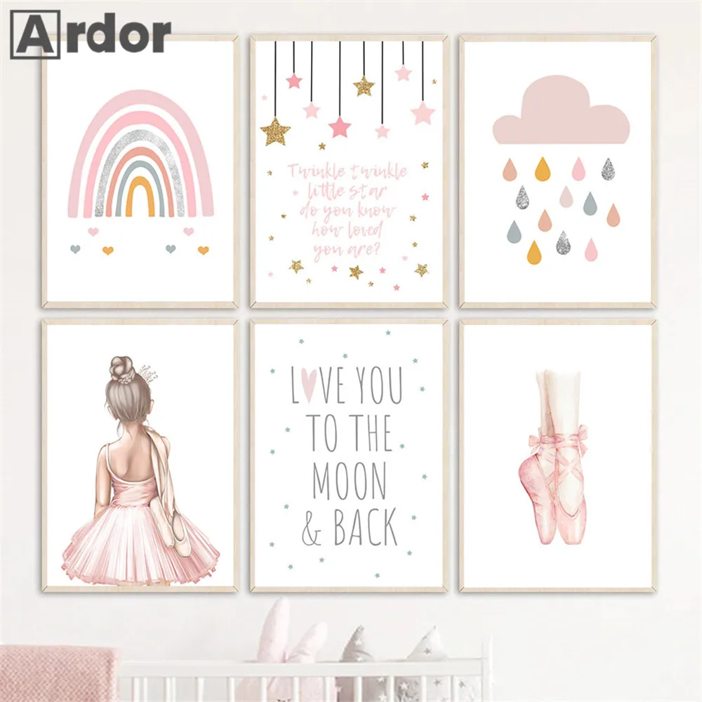

Cloud Rainbow Wall Painting Poster Ballet Girl Canvas Print Pink Posters Nursery Art Prints Nordic Wall Pictures Baby Room Decor
