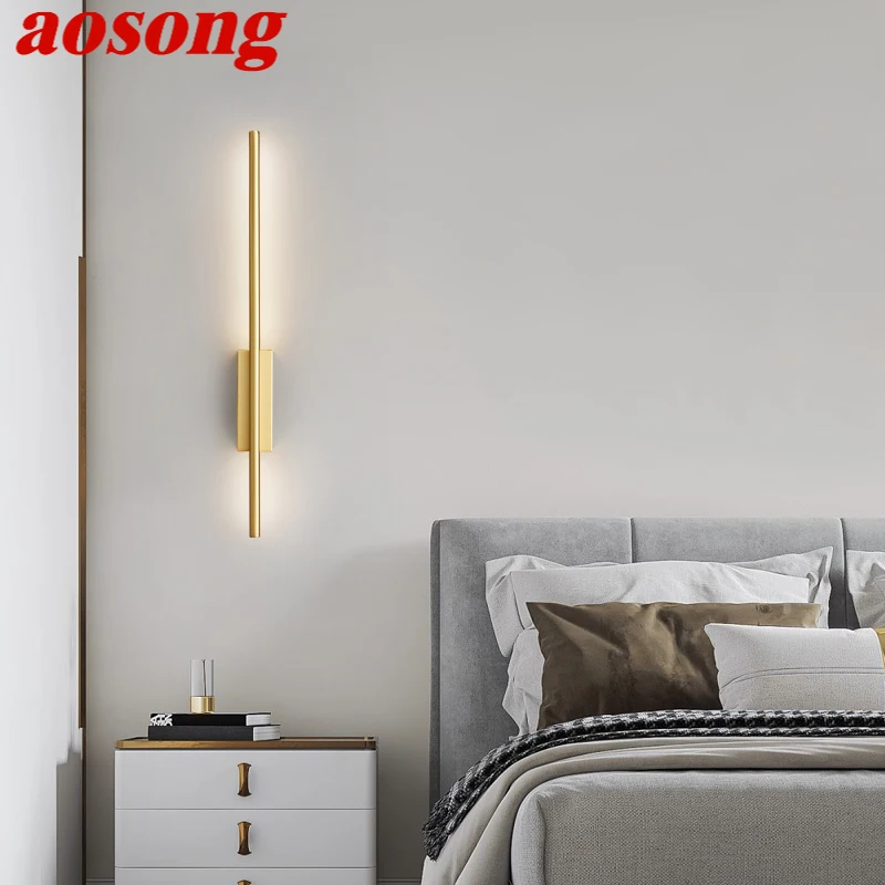 

AOSONG Brass Strip Wall Lamp Modern Classic LED 3 Colors Simply Creative Sconce Light for Indoor Bed Living Room Decor