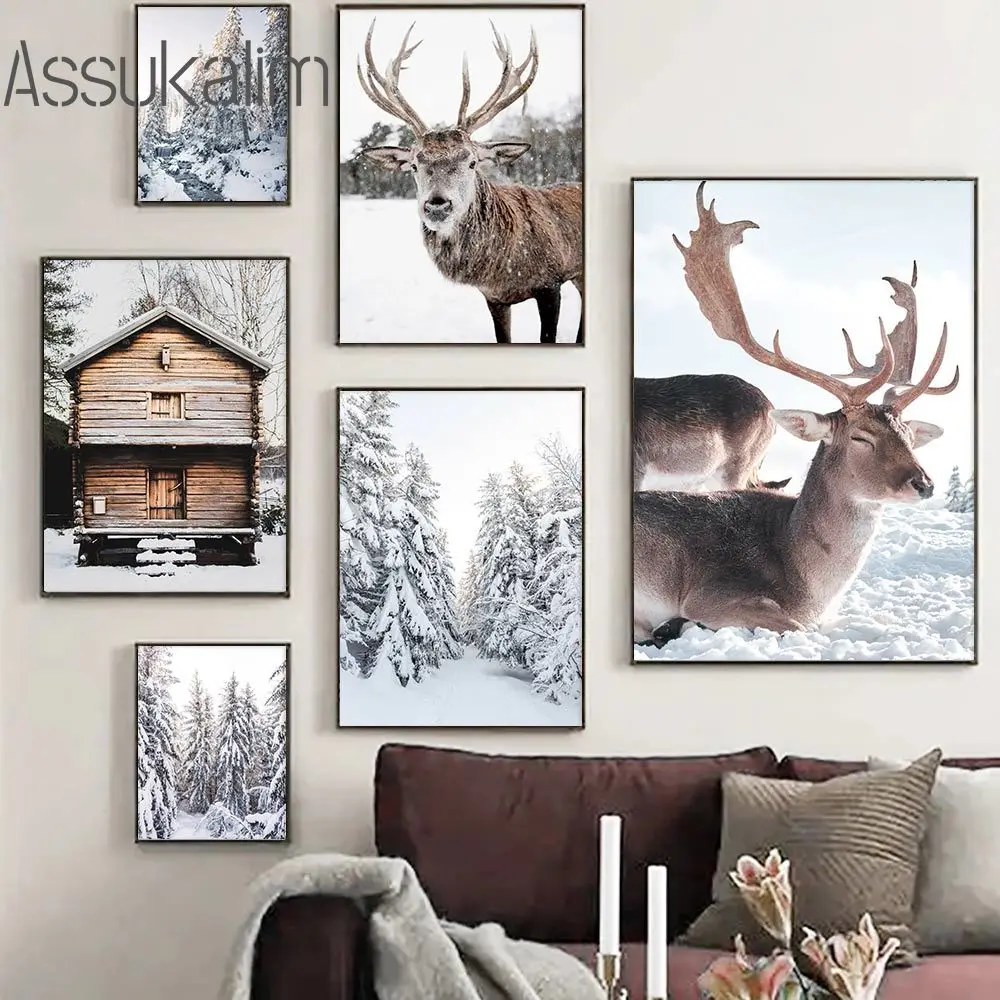 

Snow Landscape Canvas Poster Forest Art Prints Wooden House Print Pictures Elk Wall Paintings Nordic Posters Living Room Decor