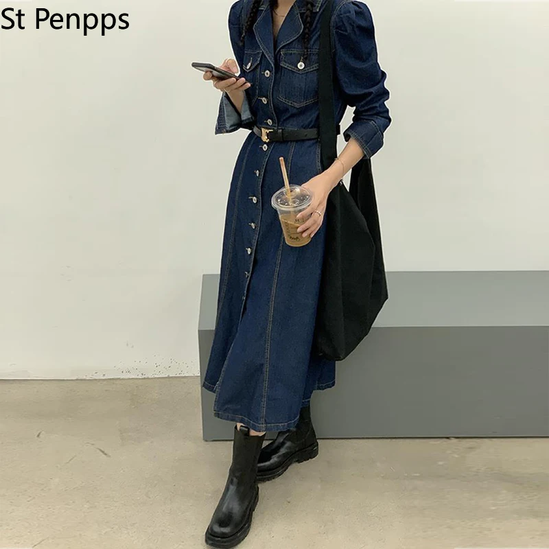 Винтажное Синее джинсовое платье для женщин весеннее длинное с отложным