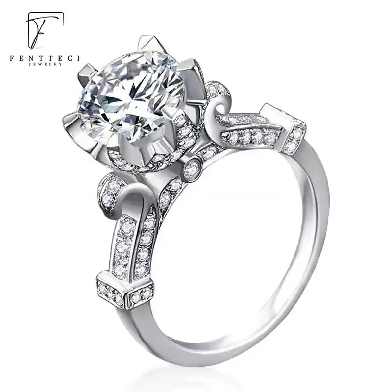 FENTTECI S925 Sterling Silver Moissanite Ring Group Set Vase Shape Ring for Women Luxury Jewelry Crown Wedding Engagement Ring