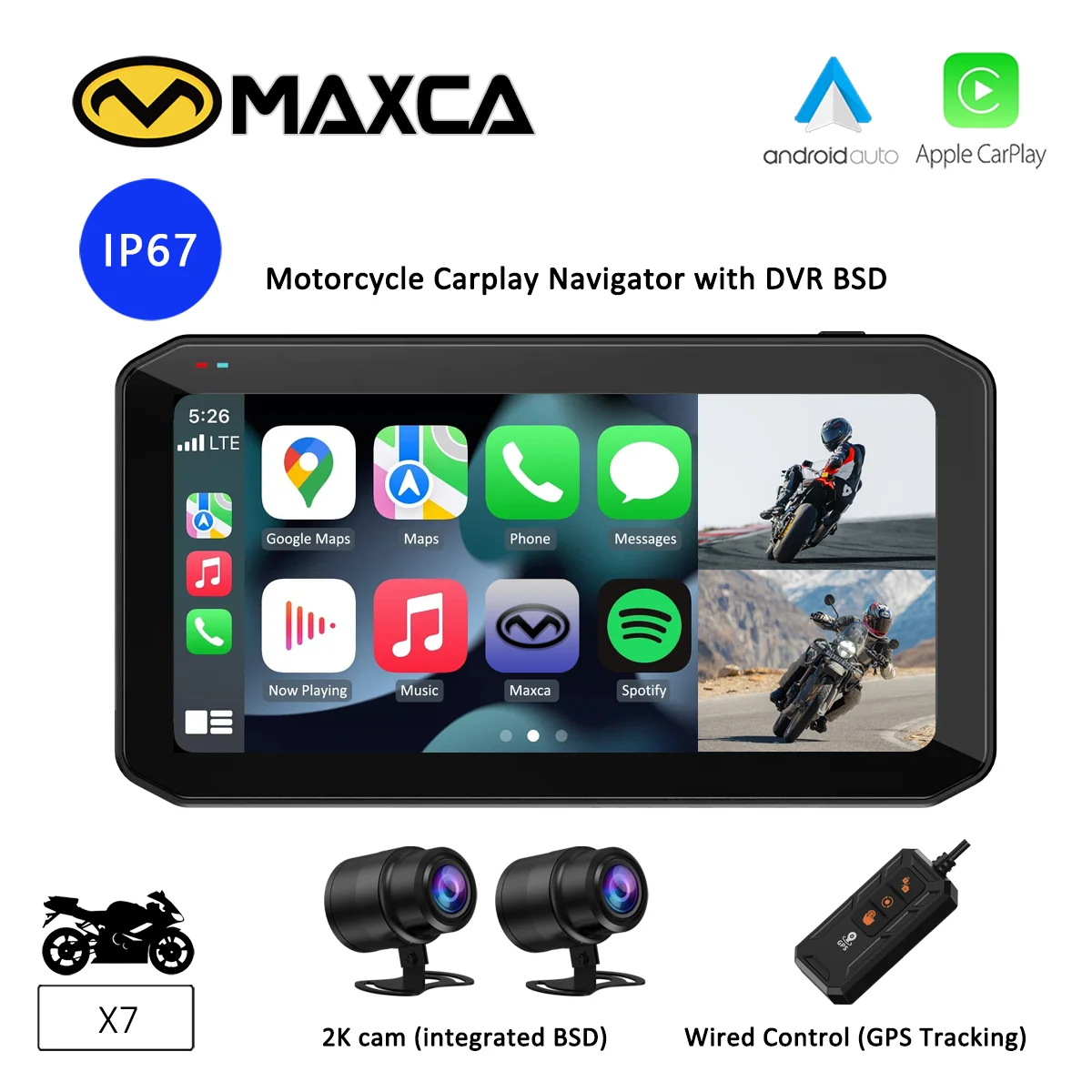 

MAXCA X7 Мотоцикл 6,25-дюймовый CarPlay и Android Auto Navigator 2K DVR-рекордер с обнаружением слепых зон