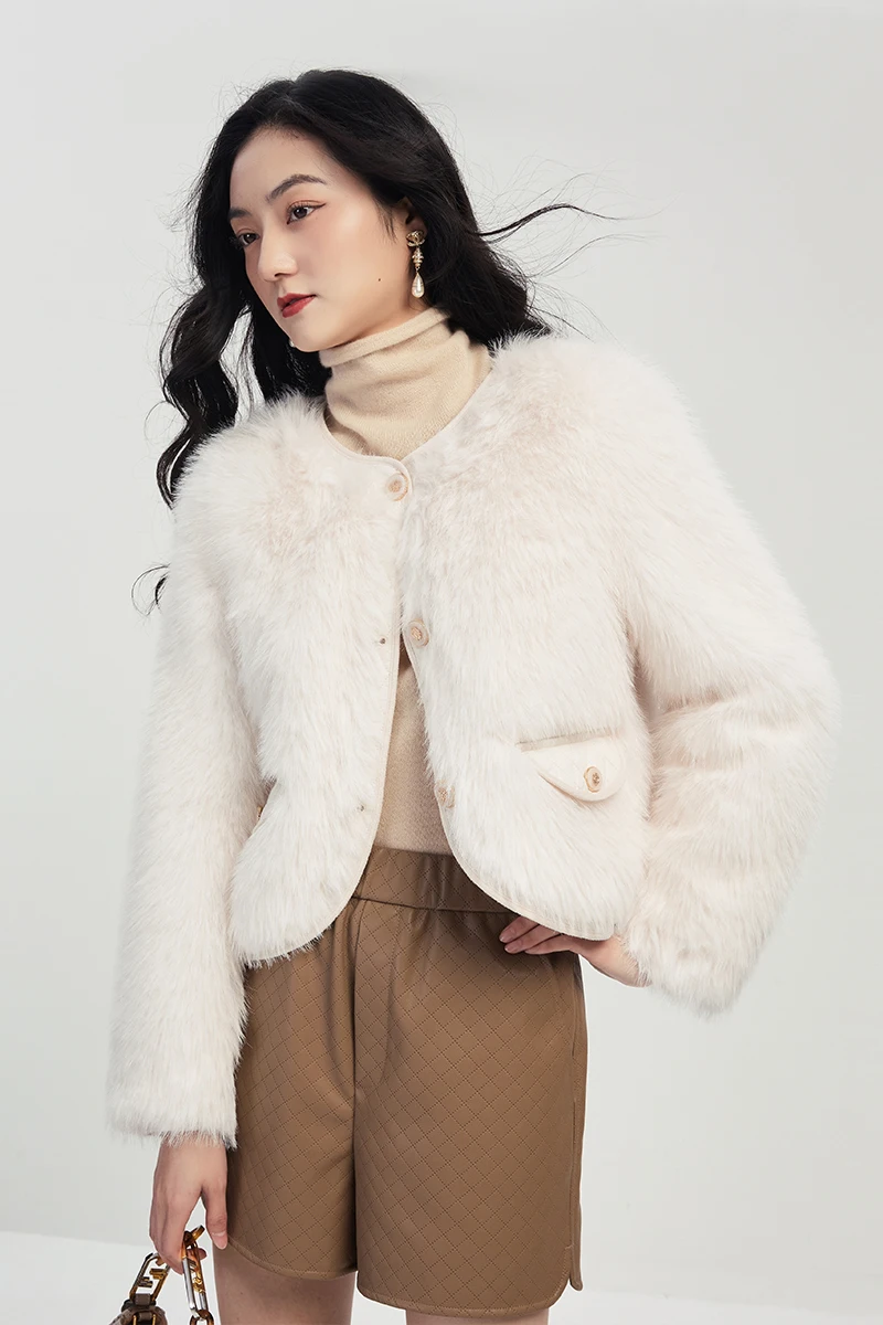 High Quality Crop Top Faux Fur  Faux Leather  Thick Warm Fur  High Street  Spliced  Single Breasted  High Waist  Abrigo Mujer
