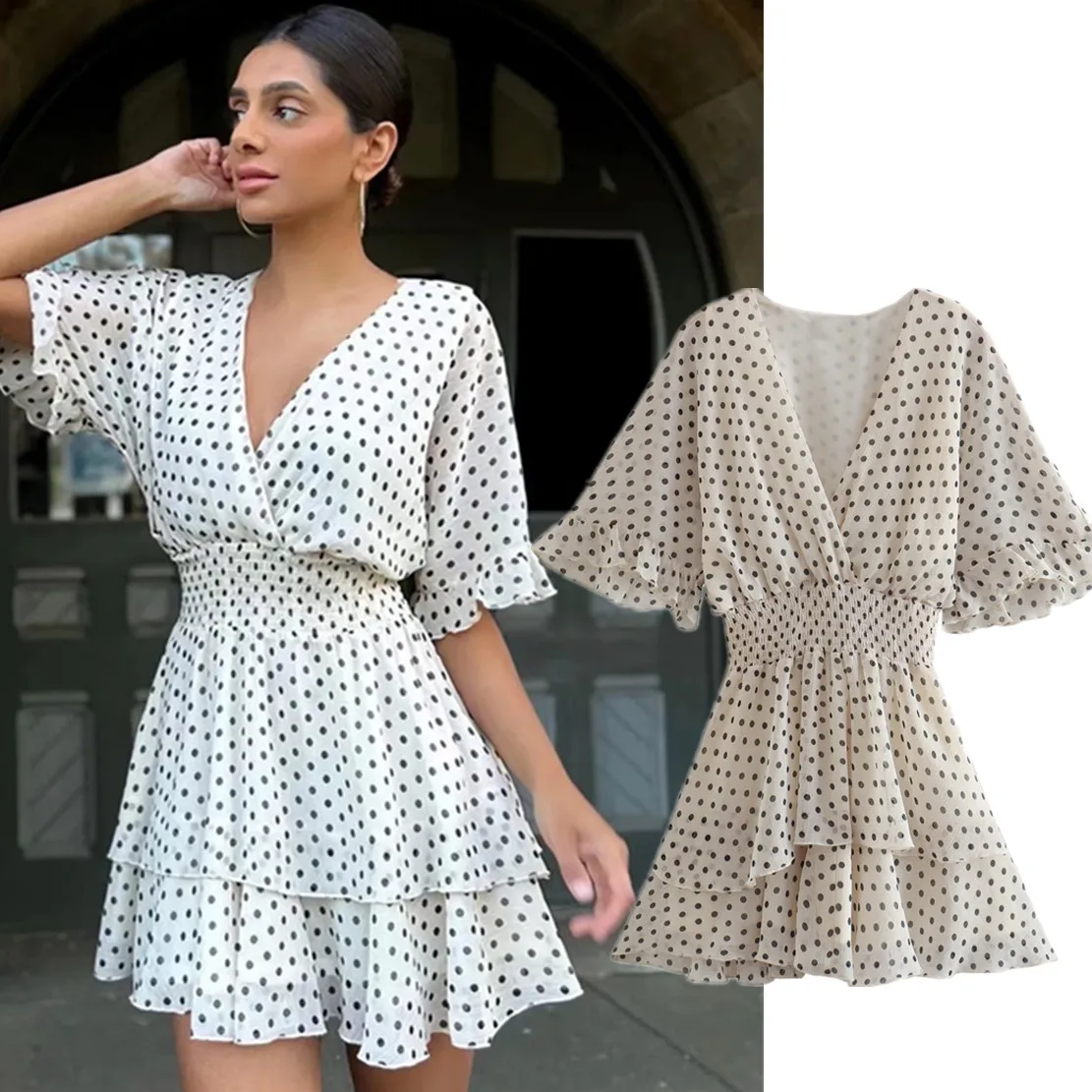 

Jenny&Dave England Style Fashion Elegant Polka Dot Cascading Party Dress Summer Office Lady Casual Dress Women