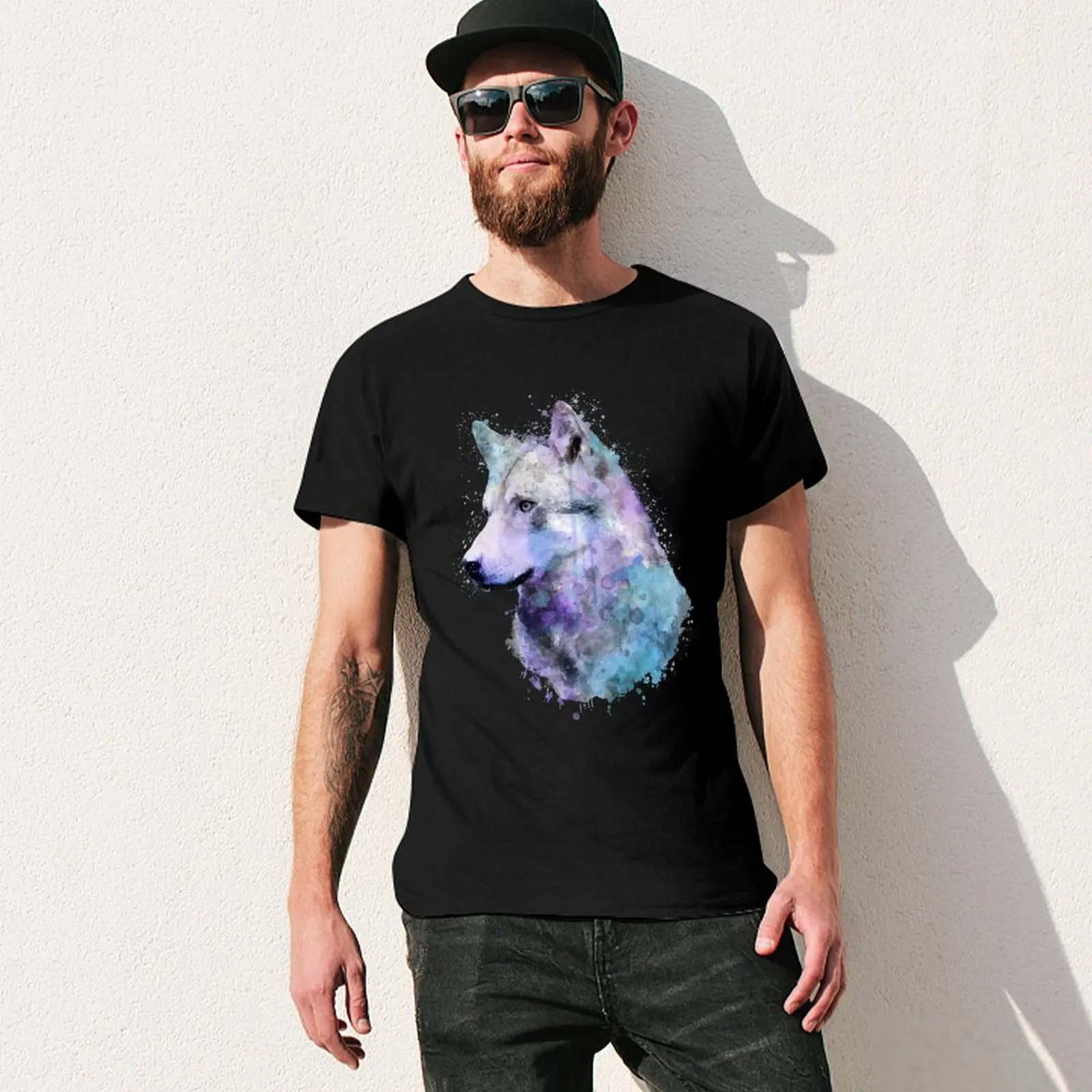 Фото Футболка Dramabite Watercolor Wolf, повседневный топ без застежек, с короткими рукавами №3