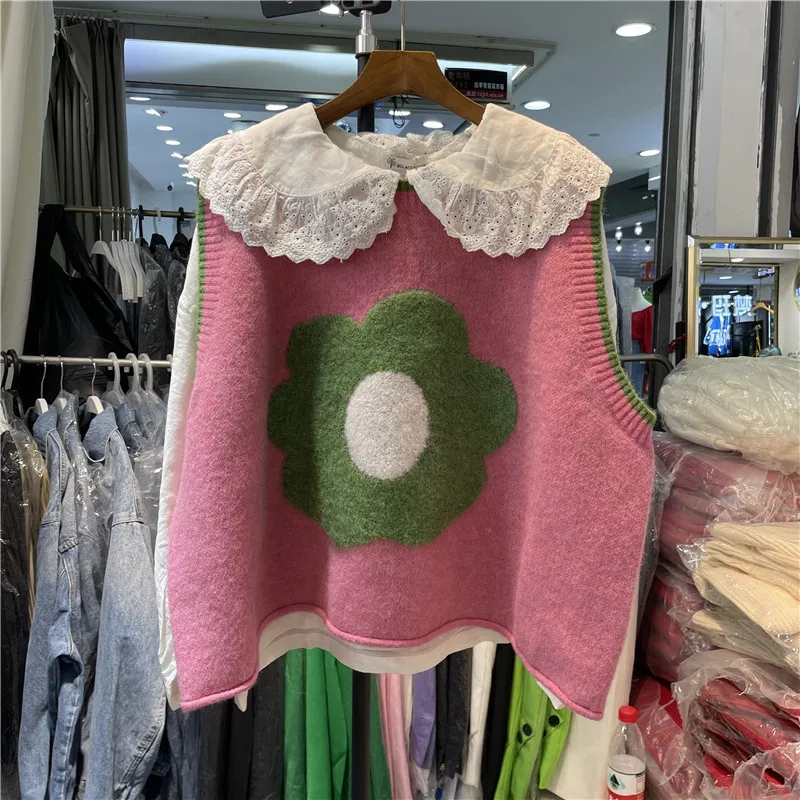 

Korean pullover flower loose sleeveless sweater vest female 2022 spring pullover loose sweater v neck casual pullover sweater