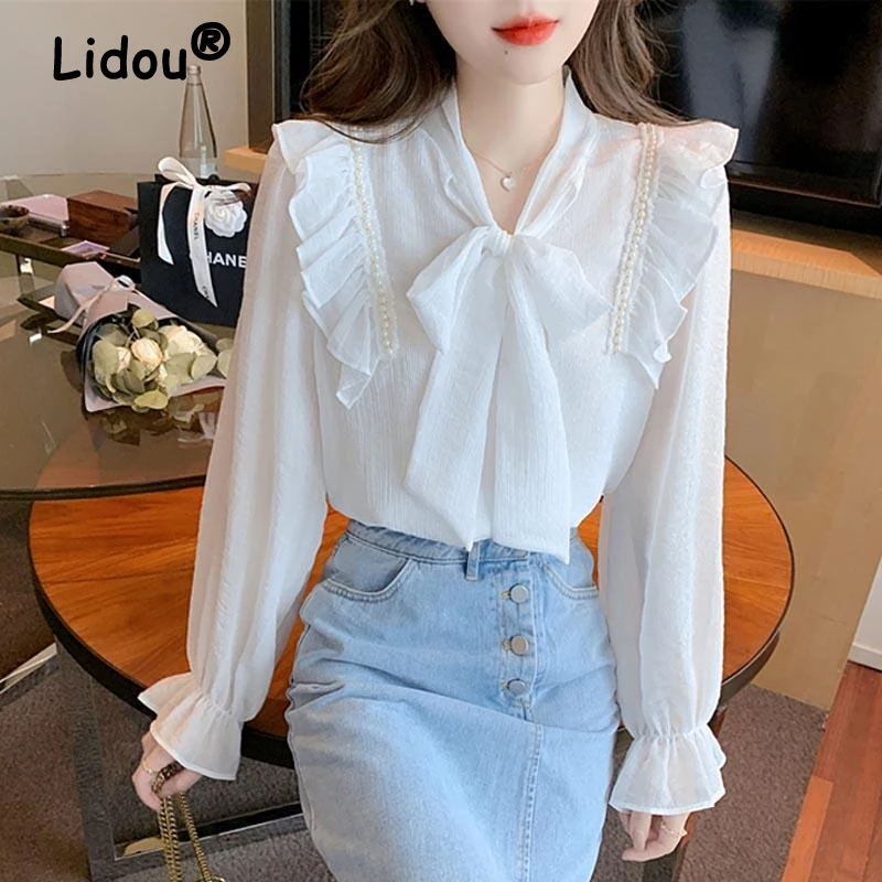 

Spring Summer Bow Tie Side of Fungus White Chiffon Shirt Korean Style Sweet Clothing 2022 Female's Elegant Fashion Casual Blouse