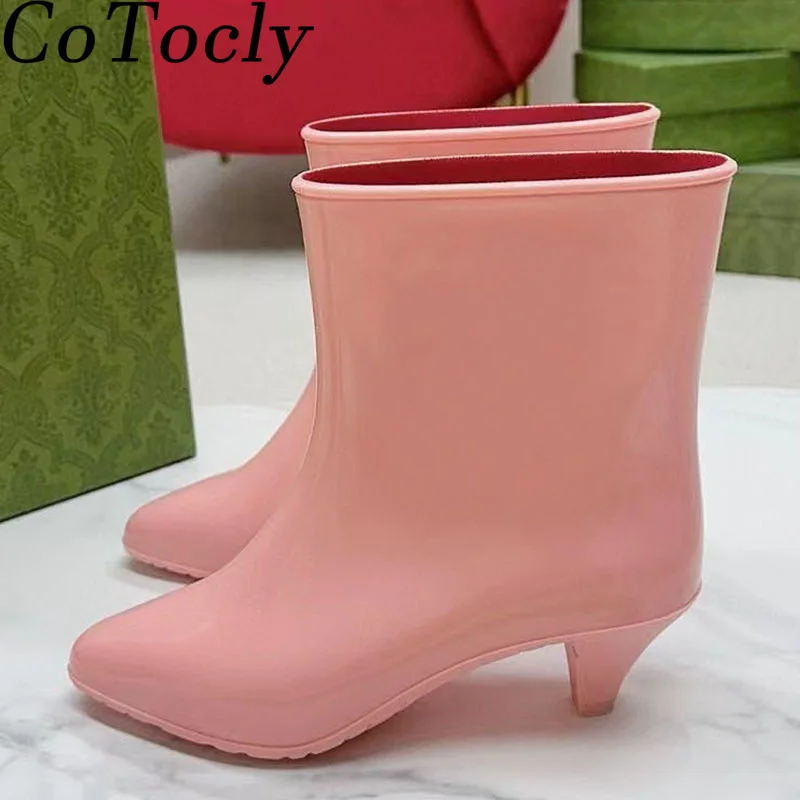 

Женские резиновые ботинки с острым носком, Подиумные водонепроницаемые ботинки на высоком каблуке с котятами