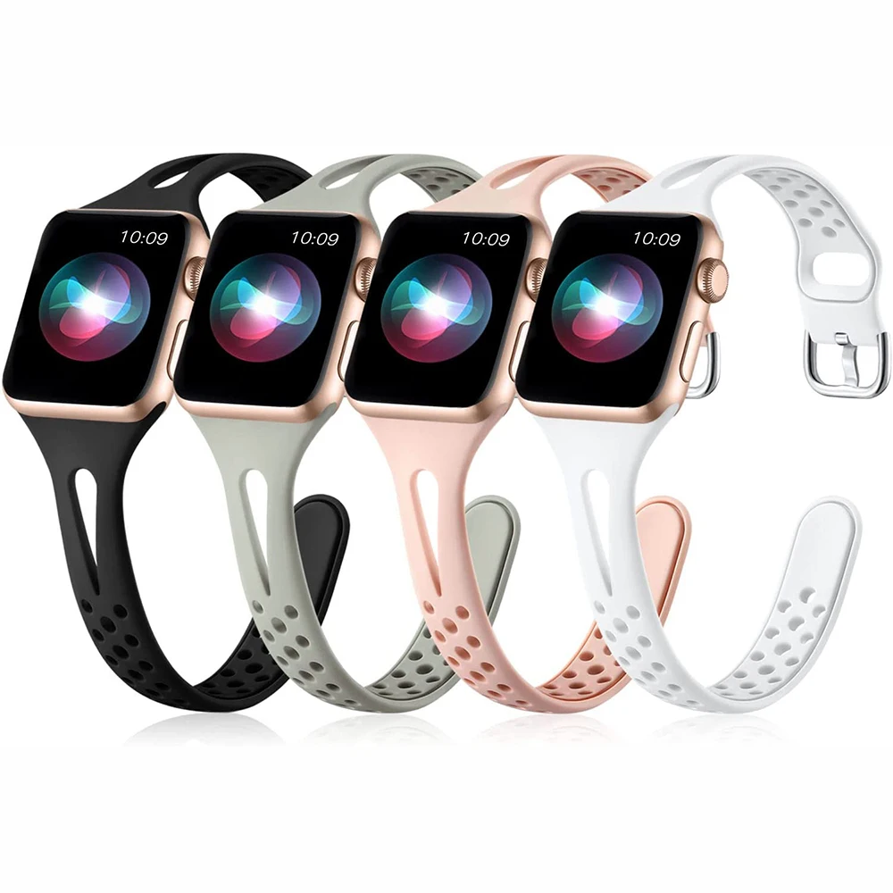 Strap For Apple Watch Band 44mm 40mm 38mm 45mm 41mm for iWatch Series 7 SE 6 5 4 3 2 1, Breathable Slim Women Sport Straps 4pcs