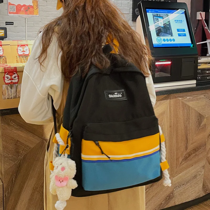 

Fashion Patchwork Contrast Color Women's Backpack Japanese Casual College Style Student Schoolbag Nylon Fabric Travel Backpack