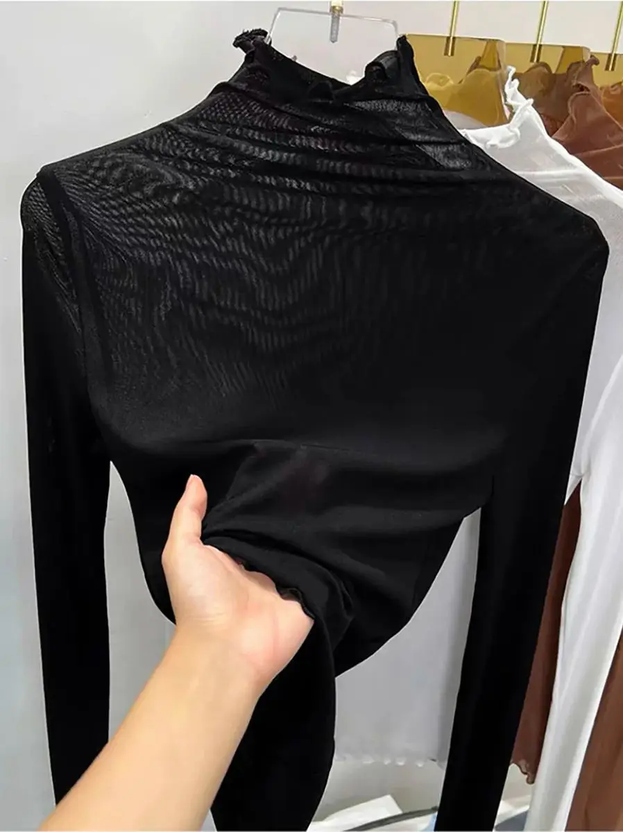 Женская тонкая рубашка с высоким воротником дышащая легкопрозрачная Сетчатая