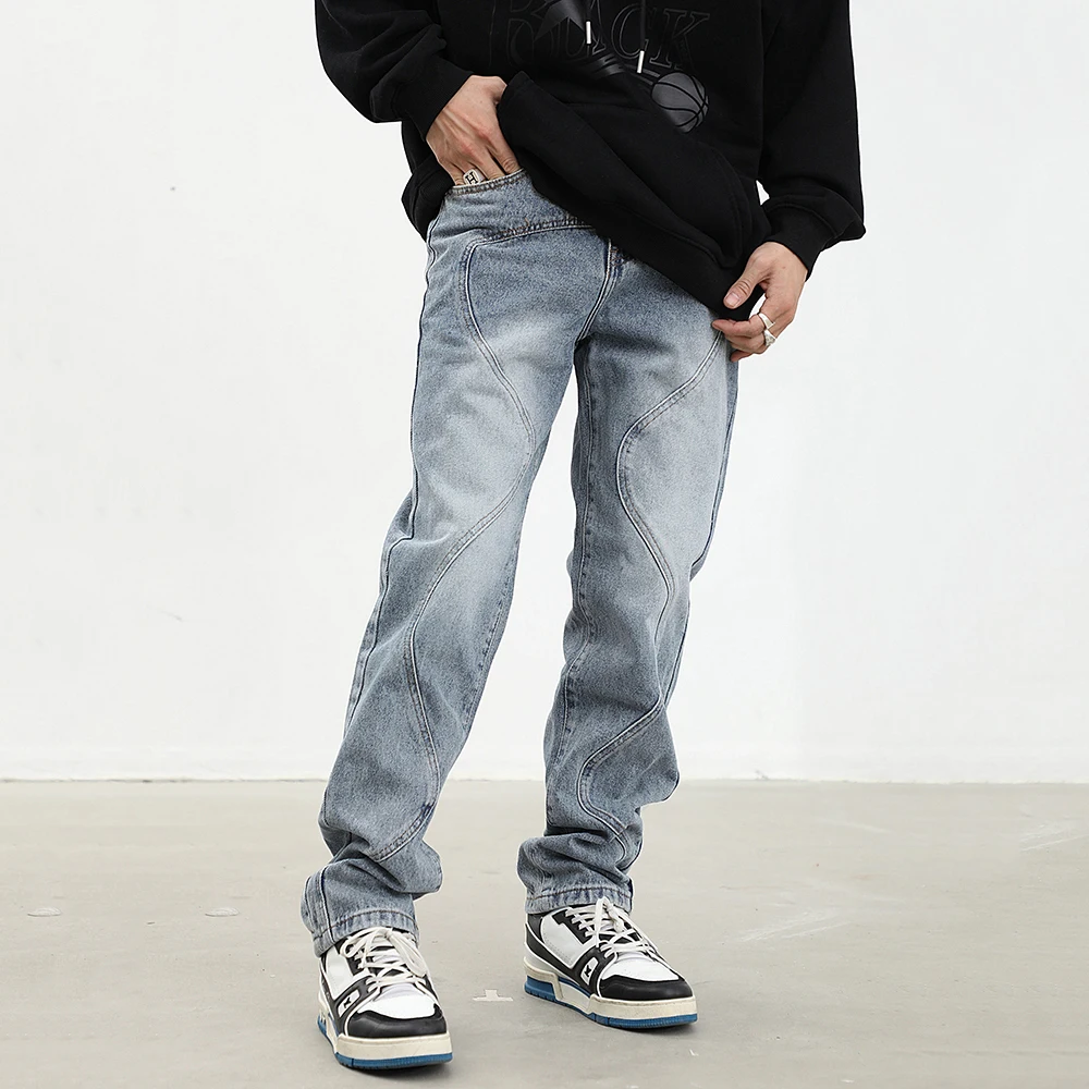 Men's Jeans Retro Solid Color Stitching Straight Jeans Y2k Men's Pants Fashion Men's Fashion Jeans Pants Boyfriend Jeans Casual