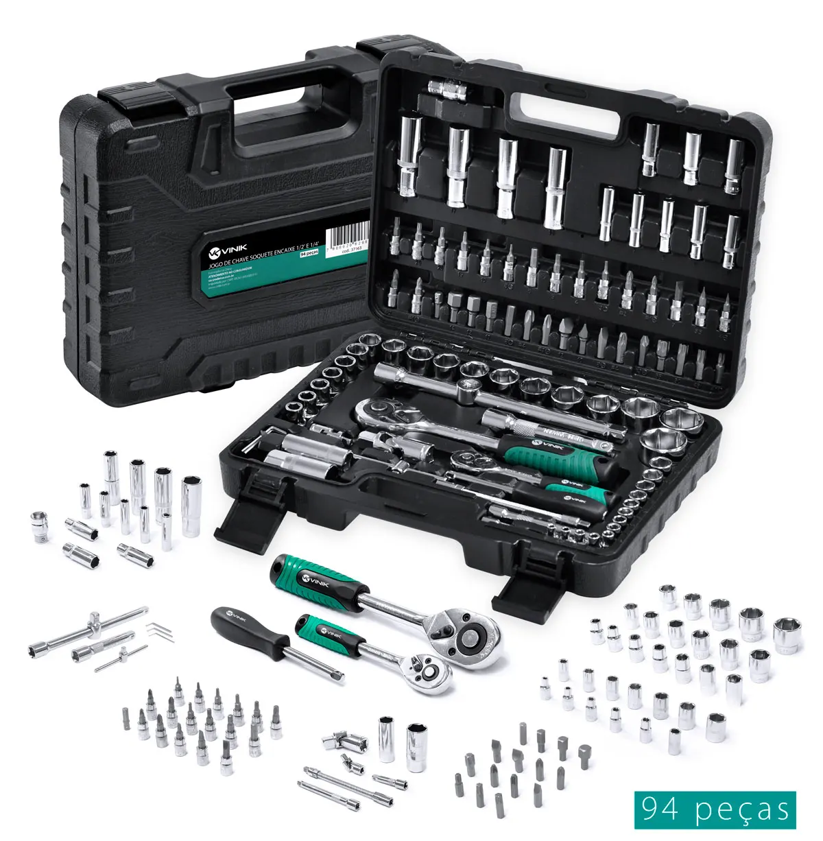 

JOGO DE CHAVE SOQUETES ENCAIXE 1/2 "E 1/4" COM 94 PEÇAS