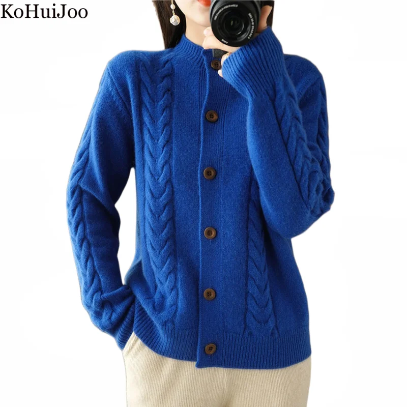 

Kohuijoo Fashion Women Button Cardigan Autumn New 2023 Korean Solid Thick Twists Casual Long Sleeved Knitted Oversize Sweater