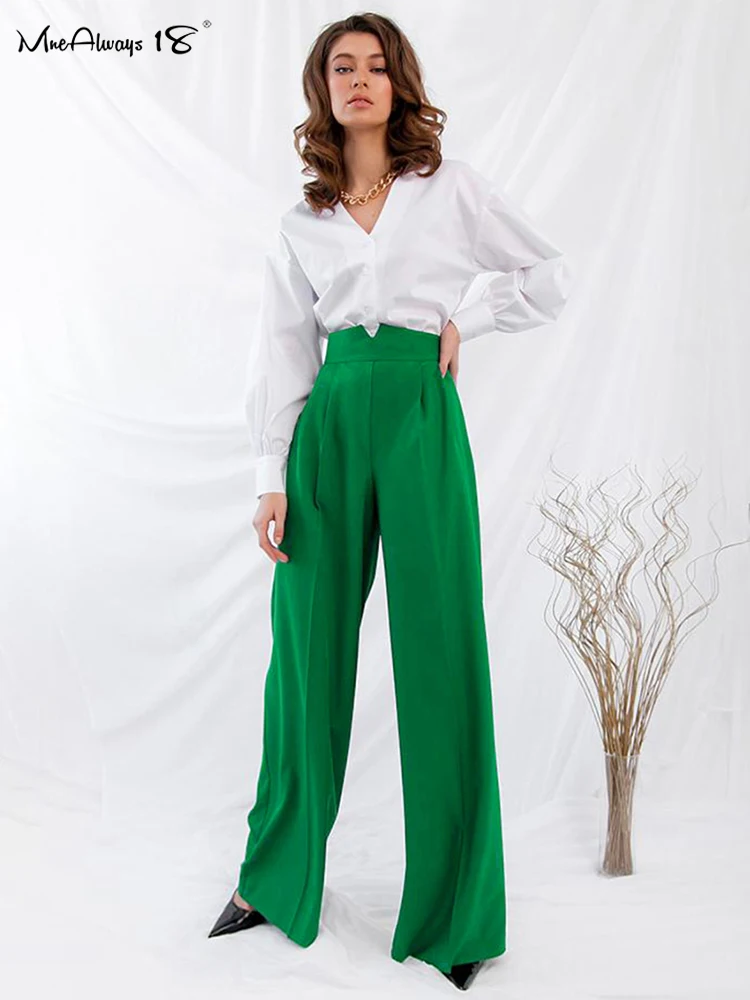 

Mnealways18 Office Ladies Green Trousers Pleated High Waist Summer Palazzo Pants Floor-Length Casual Wide Leg Pants Woman Pants