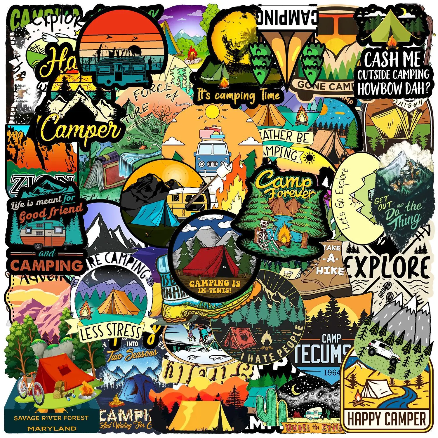

50/Pcs Pack Outdoor Camping Graffiti Sticker Car Tent Scooter Iuggage Trunk Decoration Waterproof Sticker Cartoon Children's Toy