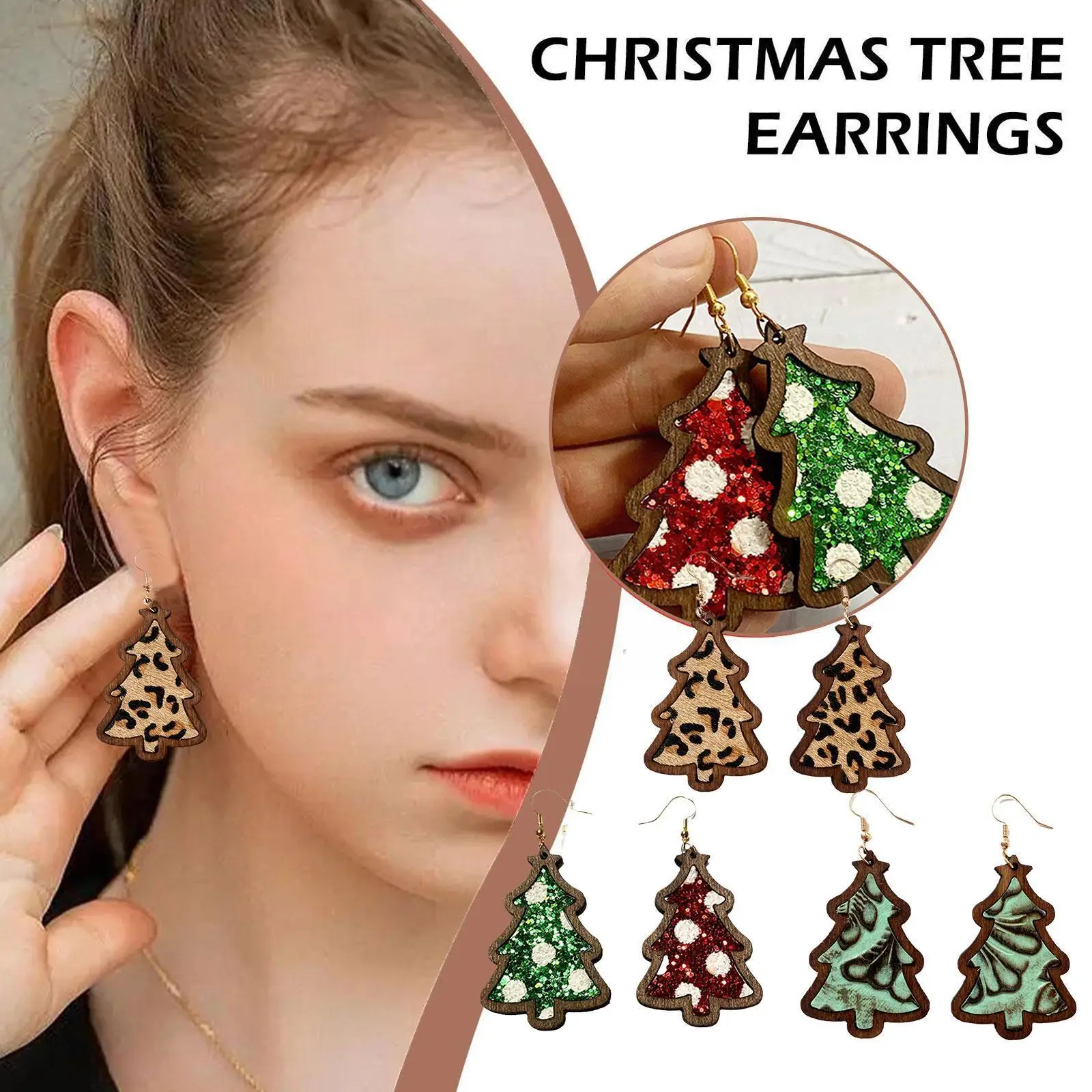

Christmas Statement Earrings Glitter Sequins Inlaid Wood Christmas Tree Pendant Korean Fashion Jewelry For Women 2022 Trend W0d7