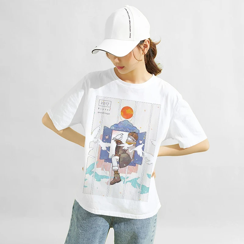 

Japanese Hand-painted Manga Style Short Sleeves Dove Print Cotton T-shirt 3d Women's T-shirts Female Fashion Y2k Streetwear Tees