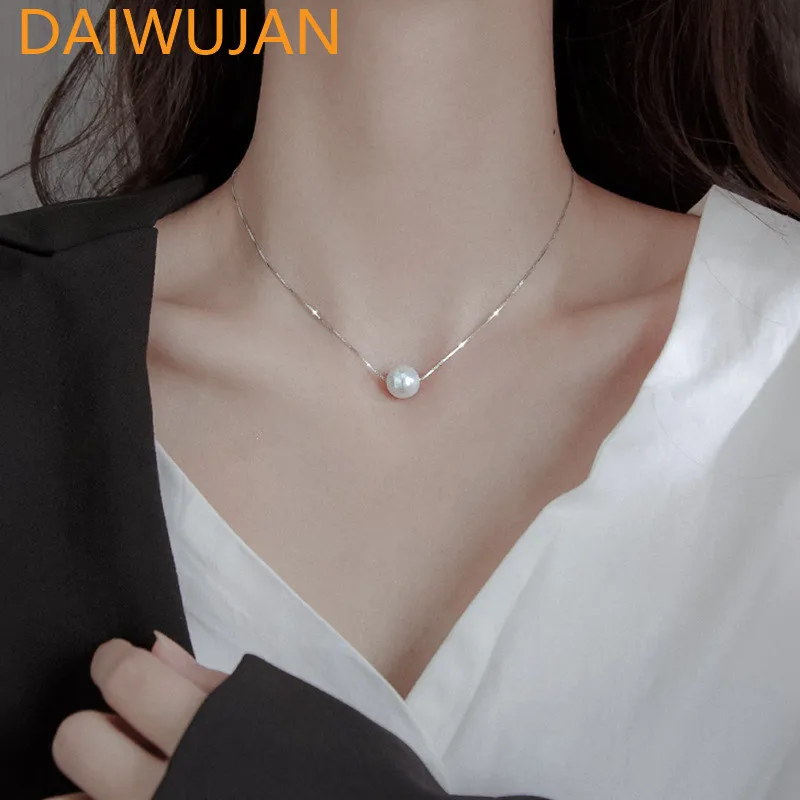 

Simple 925 Sterling Silver 6mm/8mm/10mm White Pearl Box Chain Choker Necklace For Women Wedding Engagement Fashion Jewelry Gift