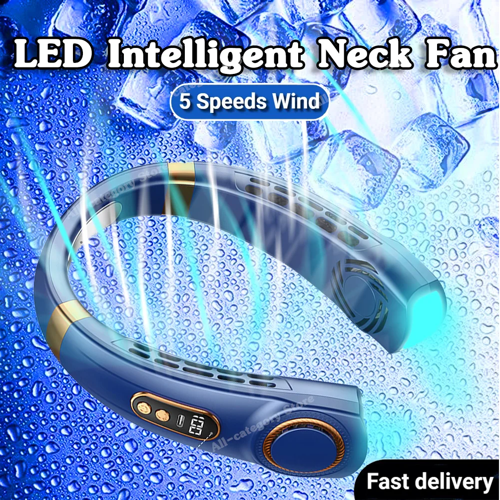 

Portable Hanging Neck Fan LED Digital Display Mini Electric Fan Air Cooler Leafless Mute Fan 5 Speed Air Conditioner Ventillator