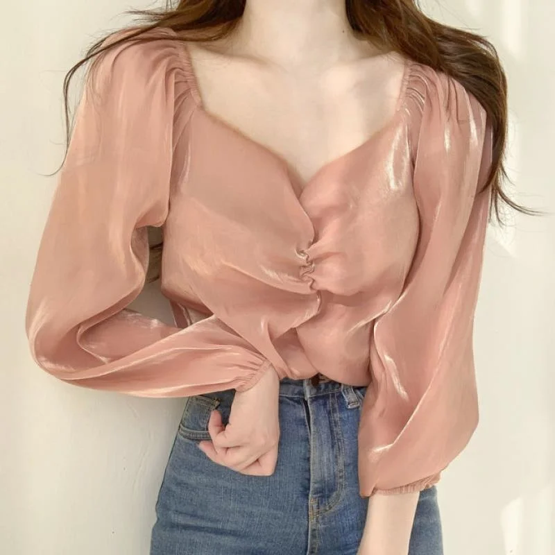 

Korean Chic French Exposed Clavicle V-neck Bead Sense Pleat Design Bubble Long Sleeve Chiffon Shirt Women's Short Top Fashion