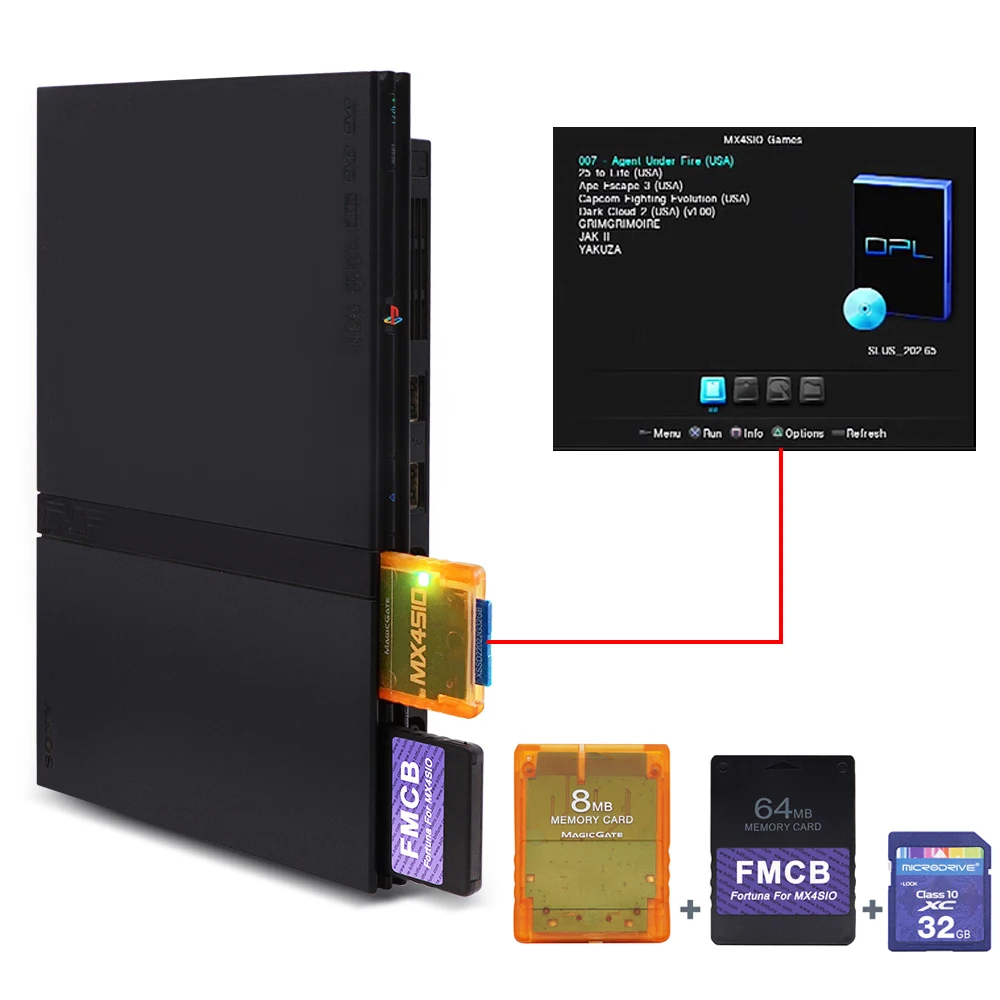 

MX4SIO SIO2SD SD Card Adapter for PS2 Slim Game Consoles + 64MB FMCB Fortuna OPL1.2.0 + 32MB/64MB/128MB Memory Game Card