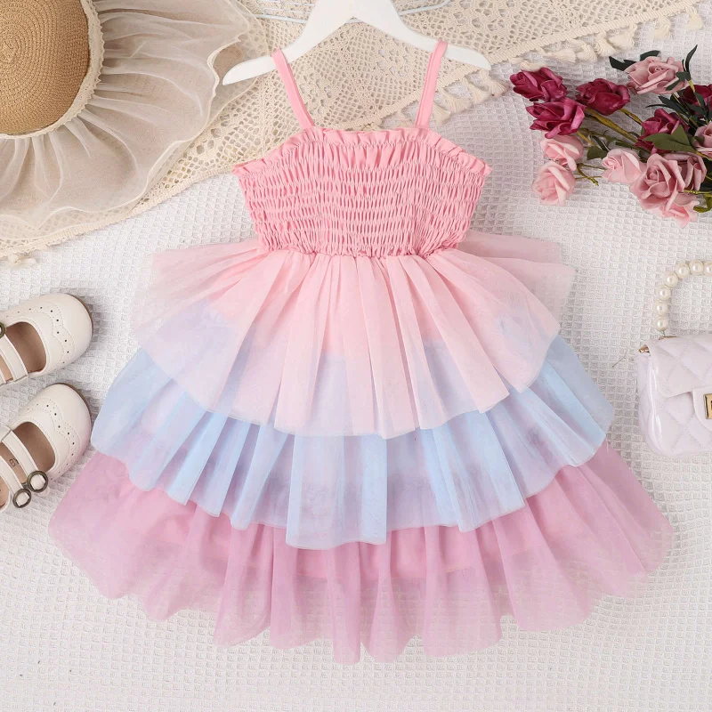 

2023 Spring/Summer New Girls Multicolor Rainbow Sling Dress Cute Splice Mesh Princess Cake Dress 4-7T