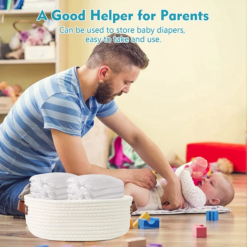 Акция! Плетеная детская корзина из хлопка и веревки с кожаной ручкой Детская