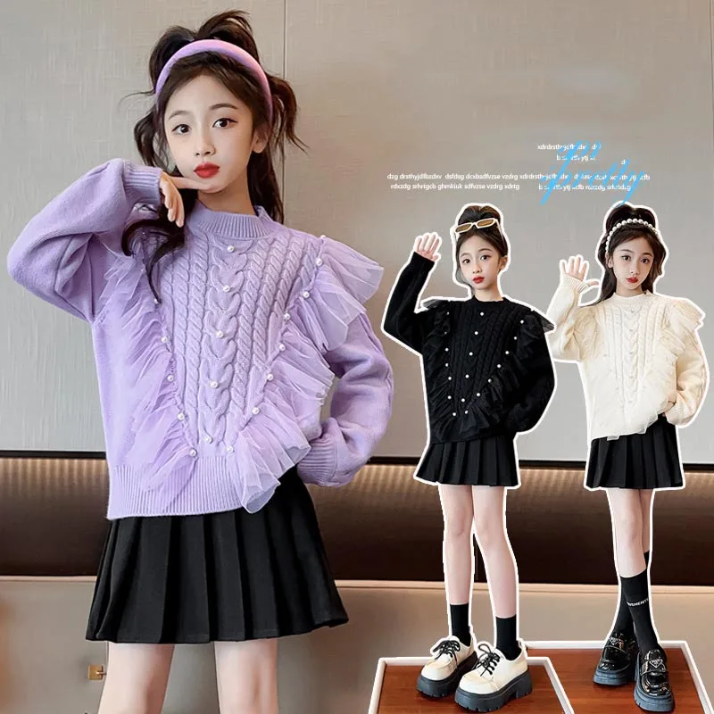 

Корейские осенне-зимние утепленные вязаные топы для девочек-подростков, сетчатый кружевной свитер с жемчугом для девочек-подростков, пуловер, детская трикотажная одежда для девочек