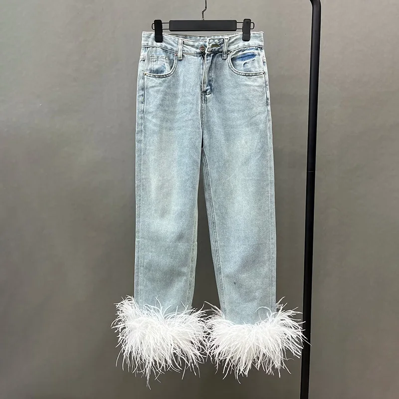 Lady Streetwear Fashion Denim Trouser Natural Ostrich Feather Women Trousers 2023 New Design S5515