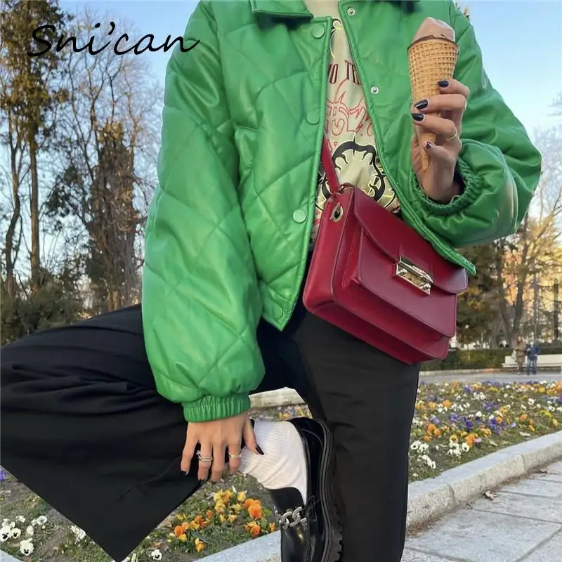 Solid Green Faux Leather Women Outwear Thick Winter Fashion Patchwork Cropped Jacket Coat  bombers Ladies Tops  chaquetas NEw