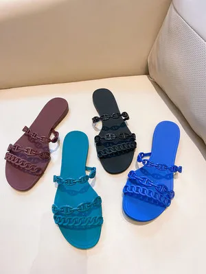 

New 2022 Outside Slip On Soft PVC Flat Slides Fashion Brand Beach Shoes Casual Summer Slipper European Three Chain Summer Sandal