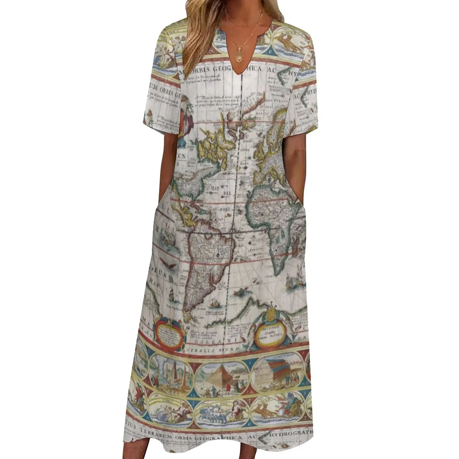 

Earth Map Dress Antique World Map Vintage Maxi Dress Street Fashion Bohemia Long Dresses Short Sleeve Graphic Oversized Clothes