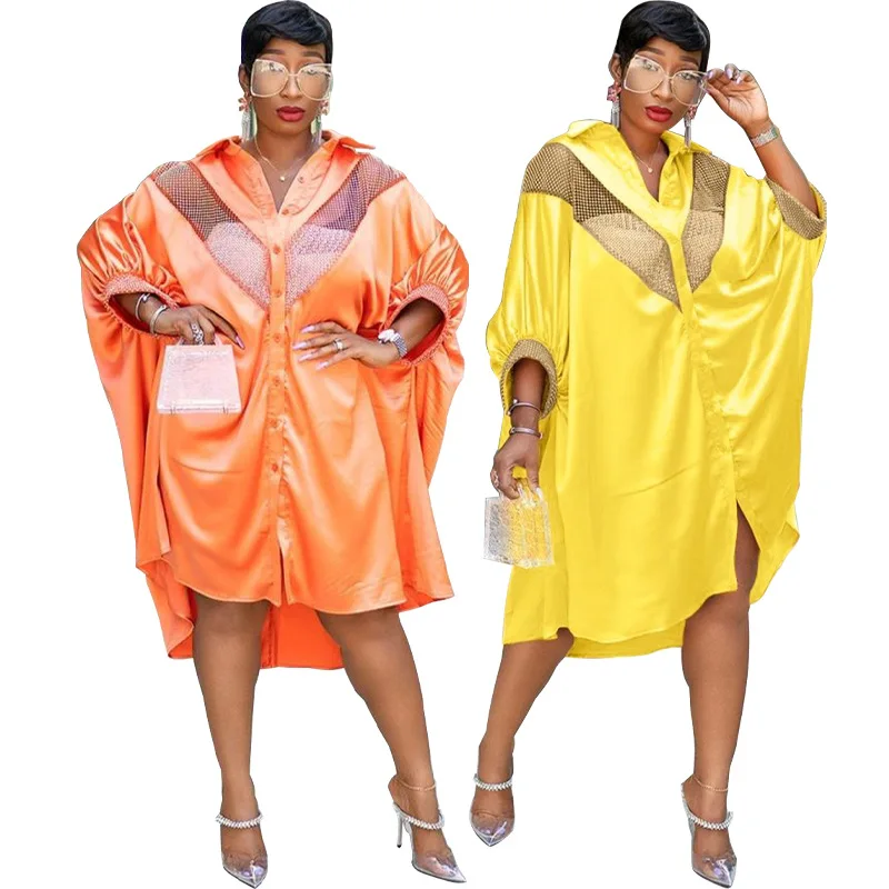 

Autumn African Dresses For Women 2021 Plus Size Outfit Elegant Lady Silk Dress Christmas Party Clothing Bat Sleeve Robe Femme