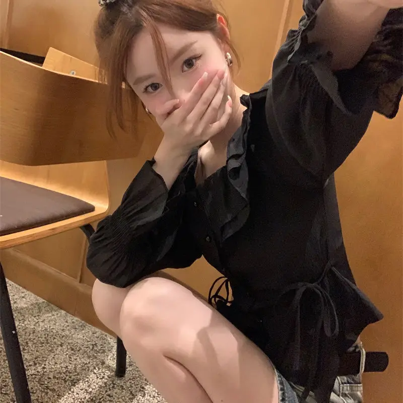 Рубашки и блузки на шнуровке Корейская Осенняя модная женская блузка Топ с