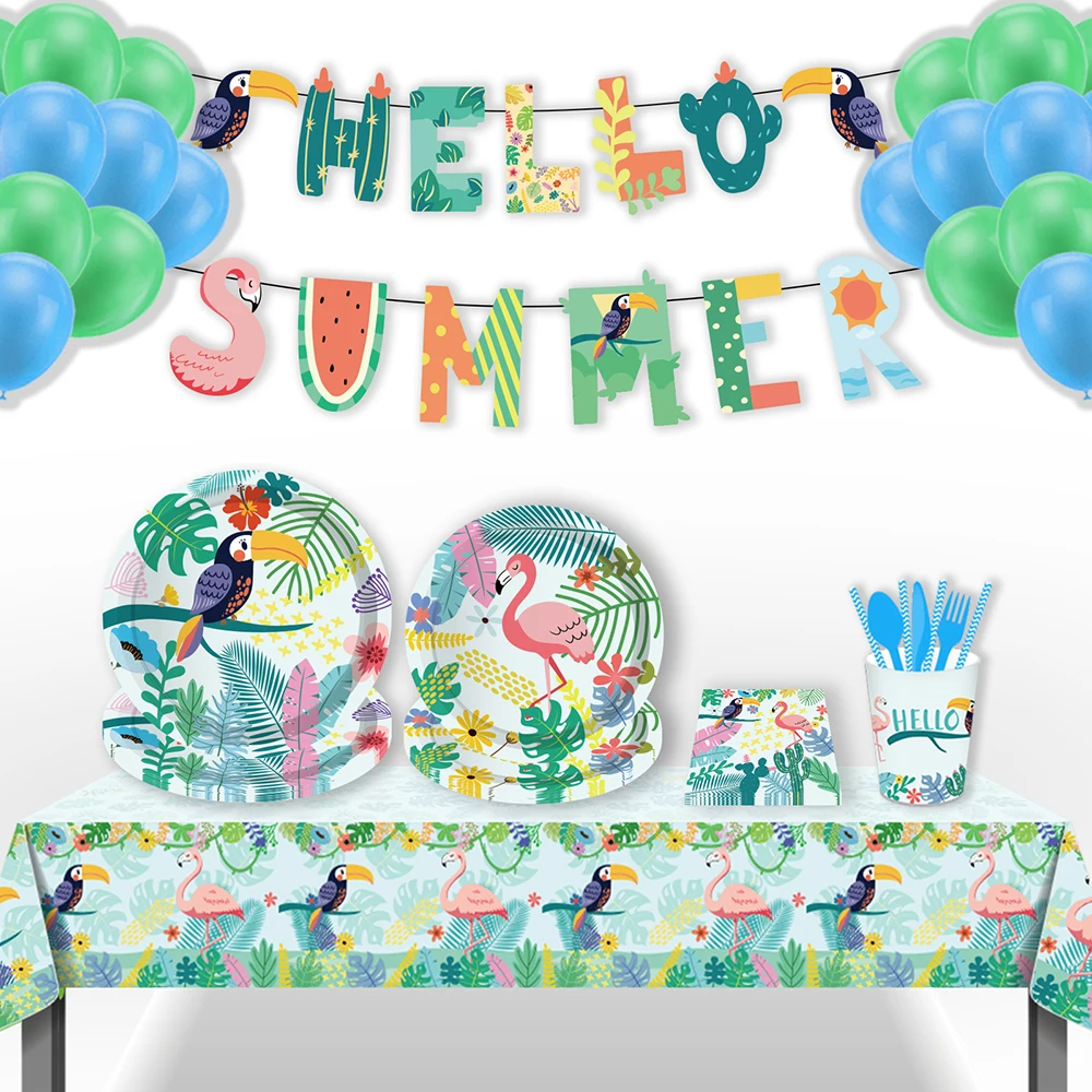 

Hello Summer Hawaii Party Disposable Tableware Sets Plates Tablecloths Hanging Banner Flamingo Birds Party Dinner Set Decoration