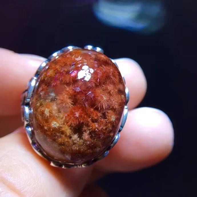 Регулируемое кольцо из натурального золота с рутилированным кварцем цветок