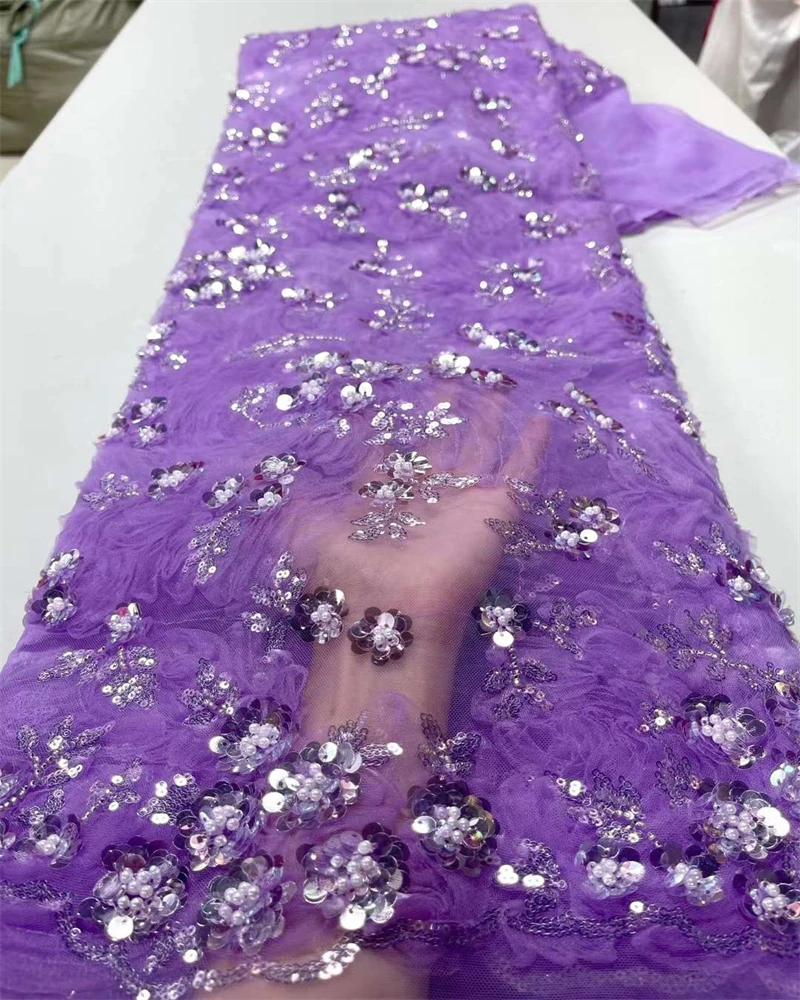 

African Sequins French Lace Fabric 2023 High Quality Lace 5 Yards Nigeria Beaded Lace Fabric Nigerian Lace Fabrics For