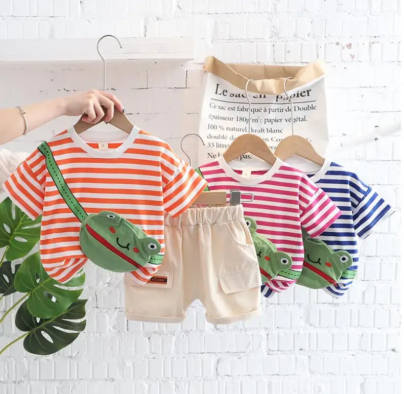 

2Pcs outfits Baby boys clothes set Striped cartoon backpack T-shirt+shorts casual kids tracksuits Toddler children suits Costume