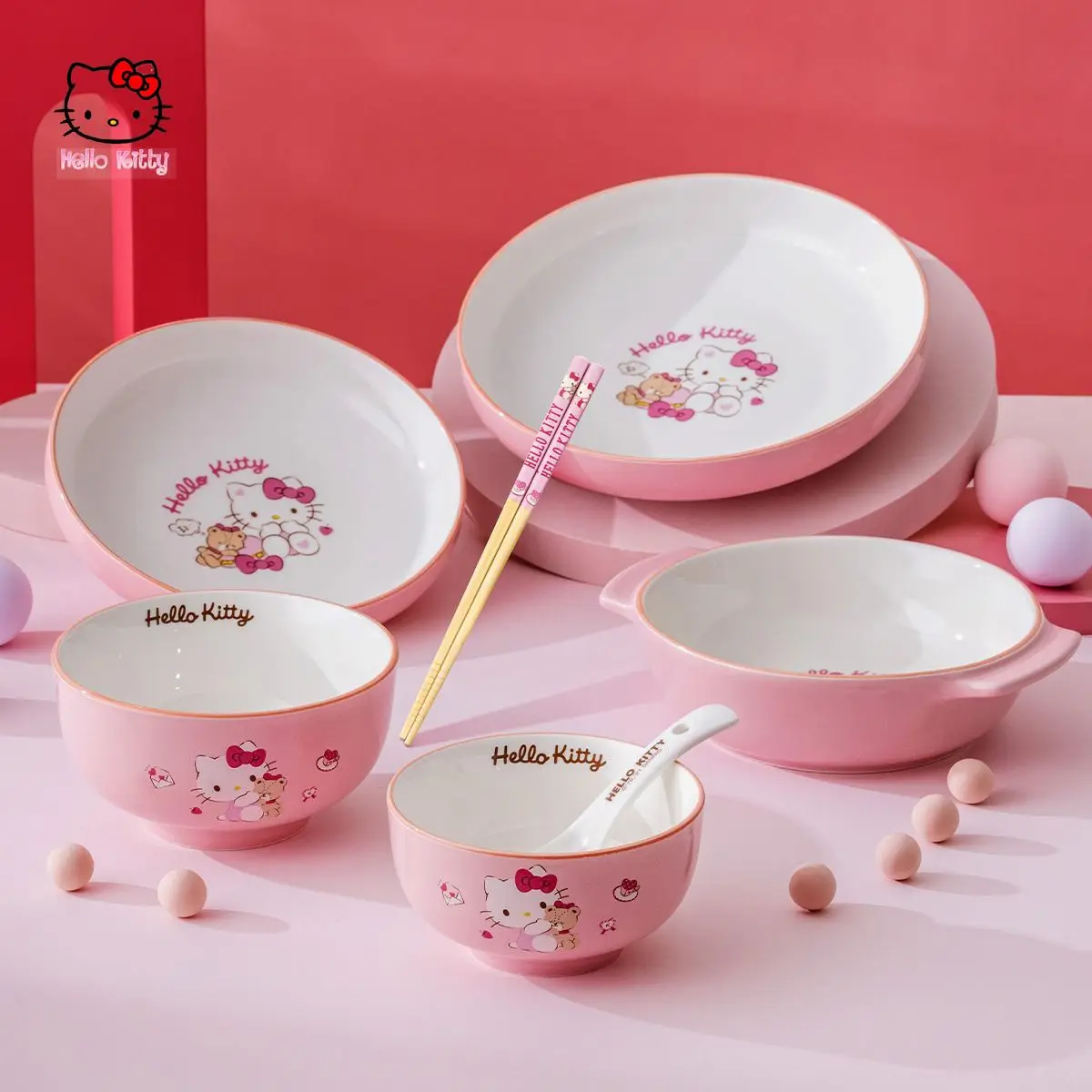 

Kawaii Sanrio Hello Kitty Ceramic Tableware Cinnamoroll Family Rice Bowl Set Breakfast Plate Dessert Plate Household Tableware