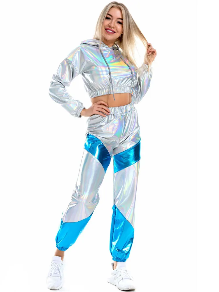 GACVGA 2024 New Shiny Long Sleeve Crop Tops Hoodies Sweatshirts And Trousers Women Stretchy Two Piece Pant Set