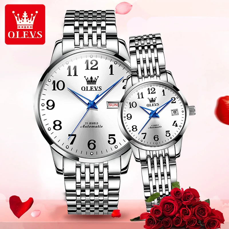 OLEVS 2022 New Waterproof Steel Band Mechanical Watches Casual Fashion Couple Watch Luminous Hand Week Calendar Display 6666