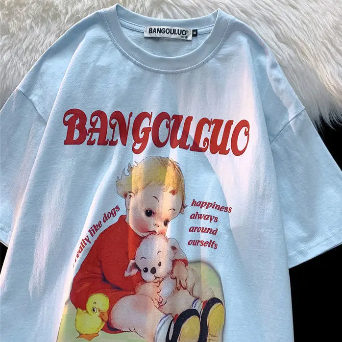

Funny Baby Hugging Dog Printed Japanese Fashion Oversized T Shirt Women Aesthetic Clothes 2022 Summer Tshirts Student Y2k Tops