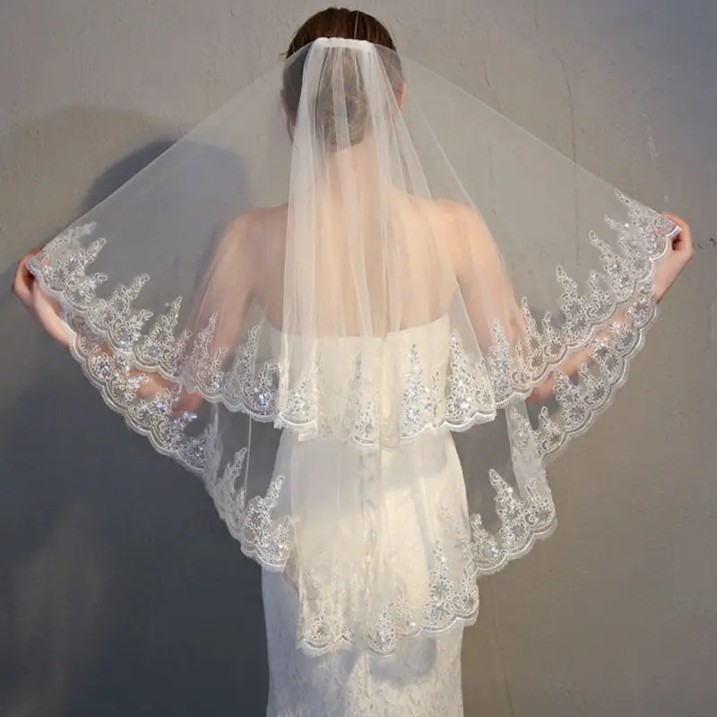 

2 Tier Wedding Veil with Comb Scalloped Lace Trim Glitter Sequins Embellished Waterfall Drape Women Bridal Party Hair