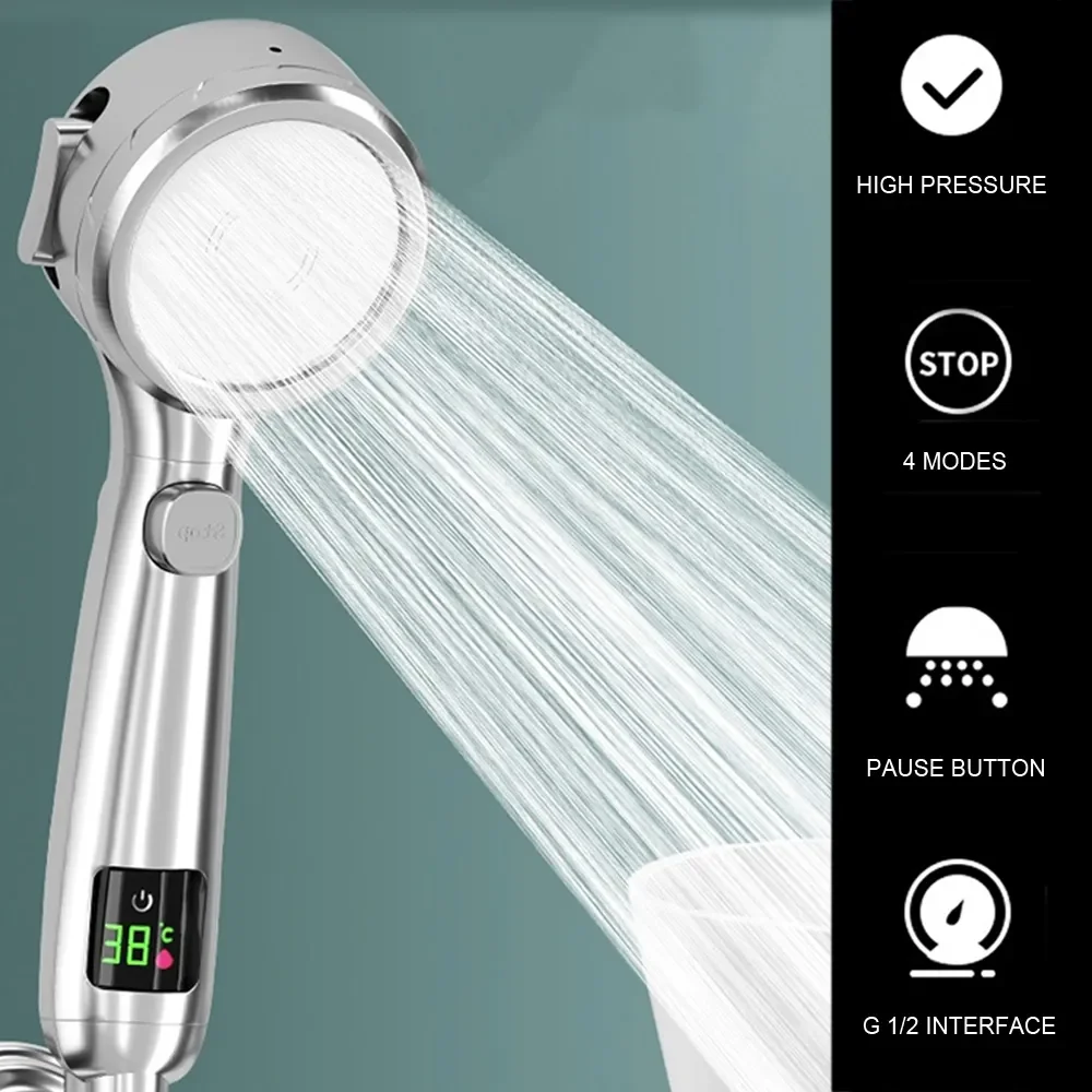 

4-Mode Temperature-Displaying Water-Saving Handheld Shower Head for Bathroom Accessories – Enjoy an Optimal Waterflow and Temp