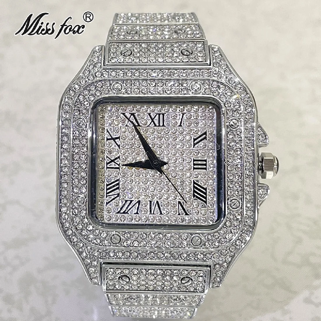 

Hip Hop Brand MISSFOX Silver Square Watches For Men Luxury Steel Waterproof Wrist Watch Full Diamond AAA Jewelry Clock Male Gift