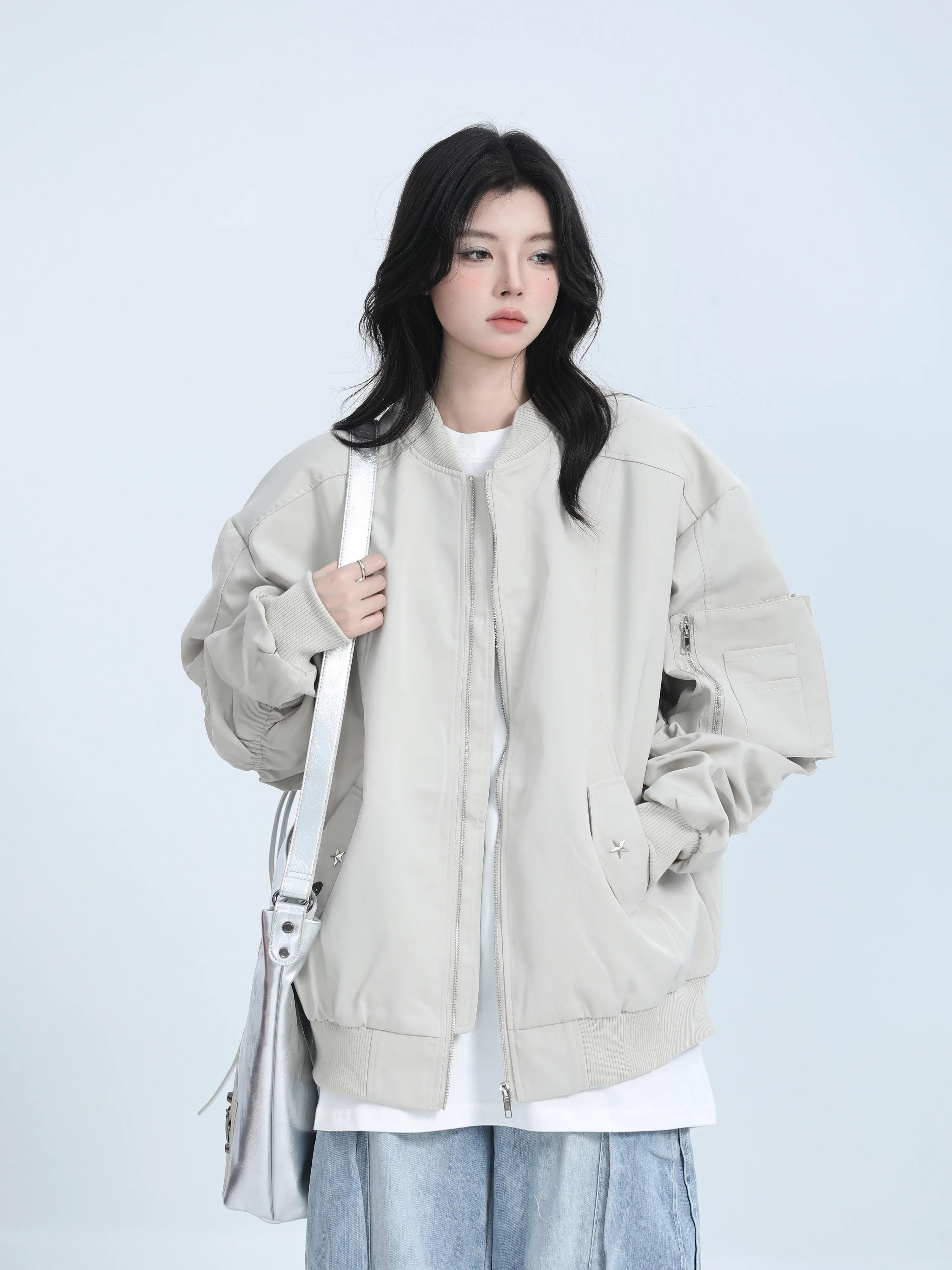 [Sitting in the Mountains] American vintage Street Baseball Uniform Jacket Women Neutral Sle Loose Zip-up Outerwear Tide
