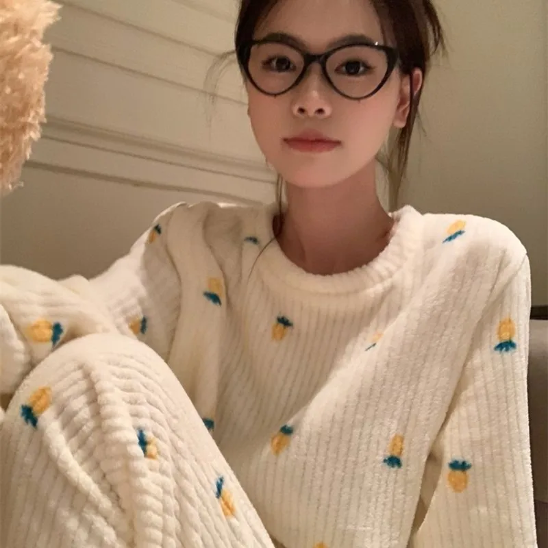 Женский Коралловый Бархатный Пижамный Комплект С Длинными Рукавами И Круглым